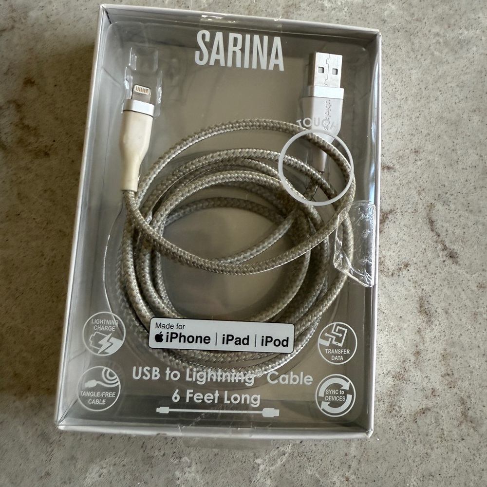 Sarina 6-foot braided USB to Lightning cable for charging and syncing iPhone.